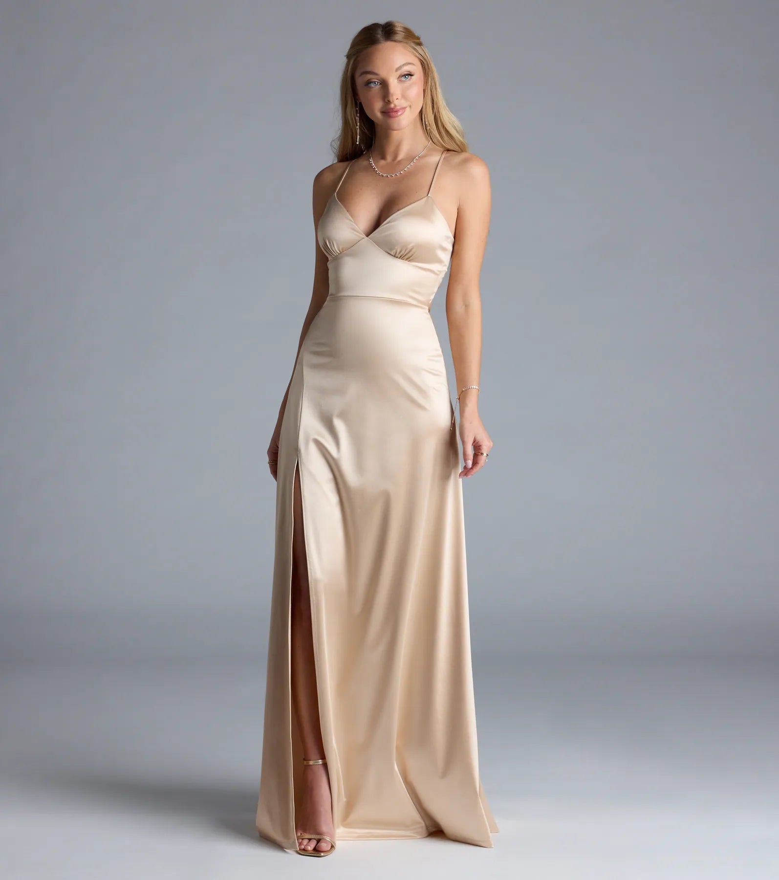 Lynnea Lace-Up Slit A-Line Satin Formal Dress - Image 5