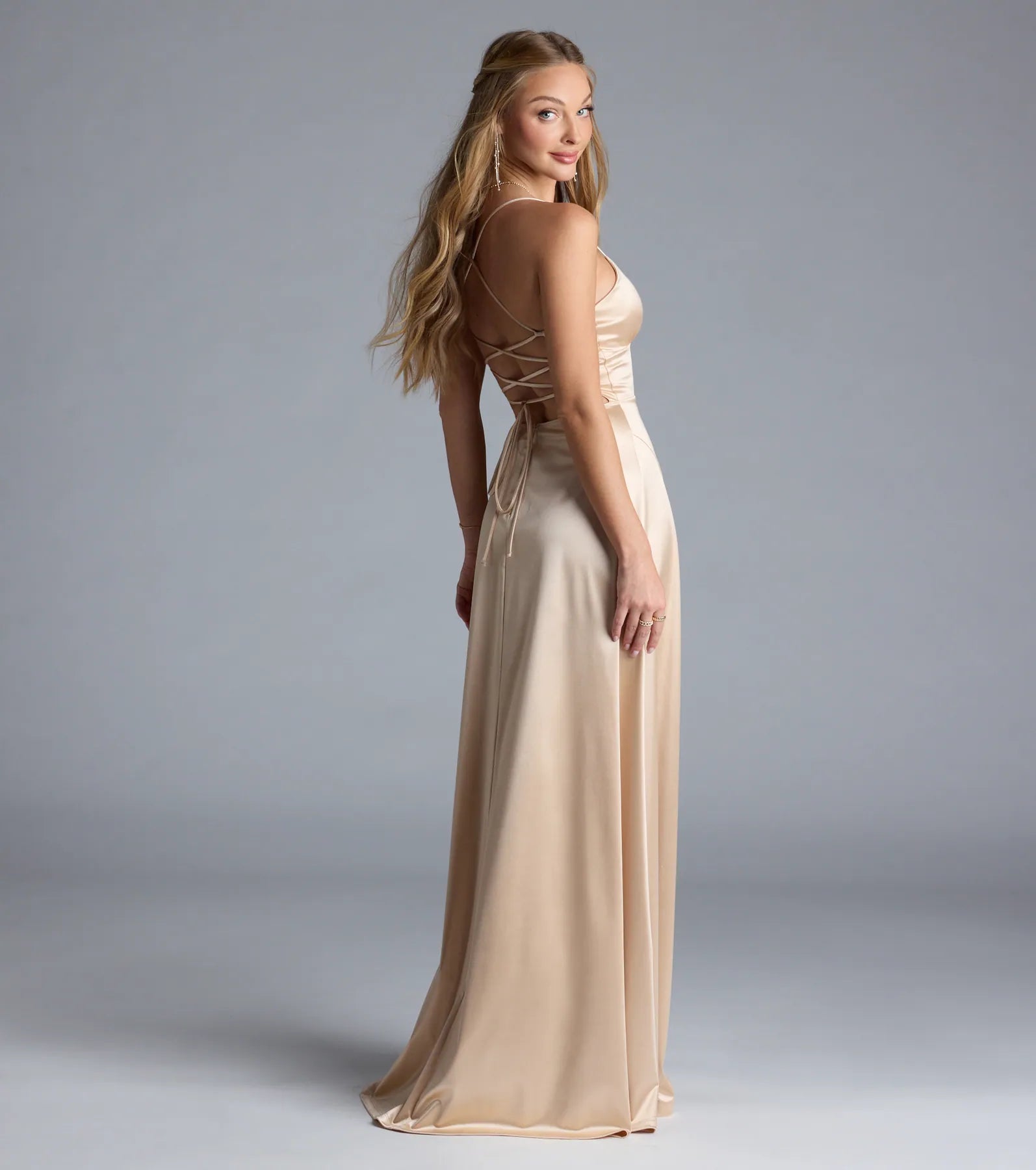 Lynnea Lace-Up Slit A-Line Satin Formal Dress - Image 6