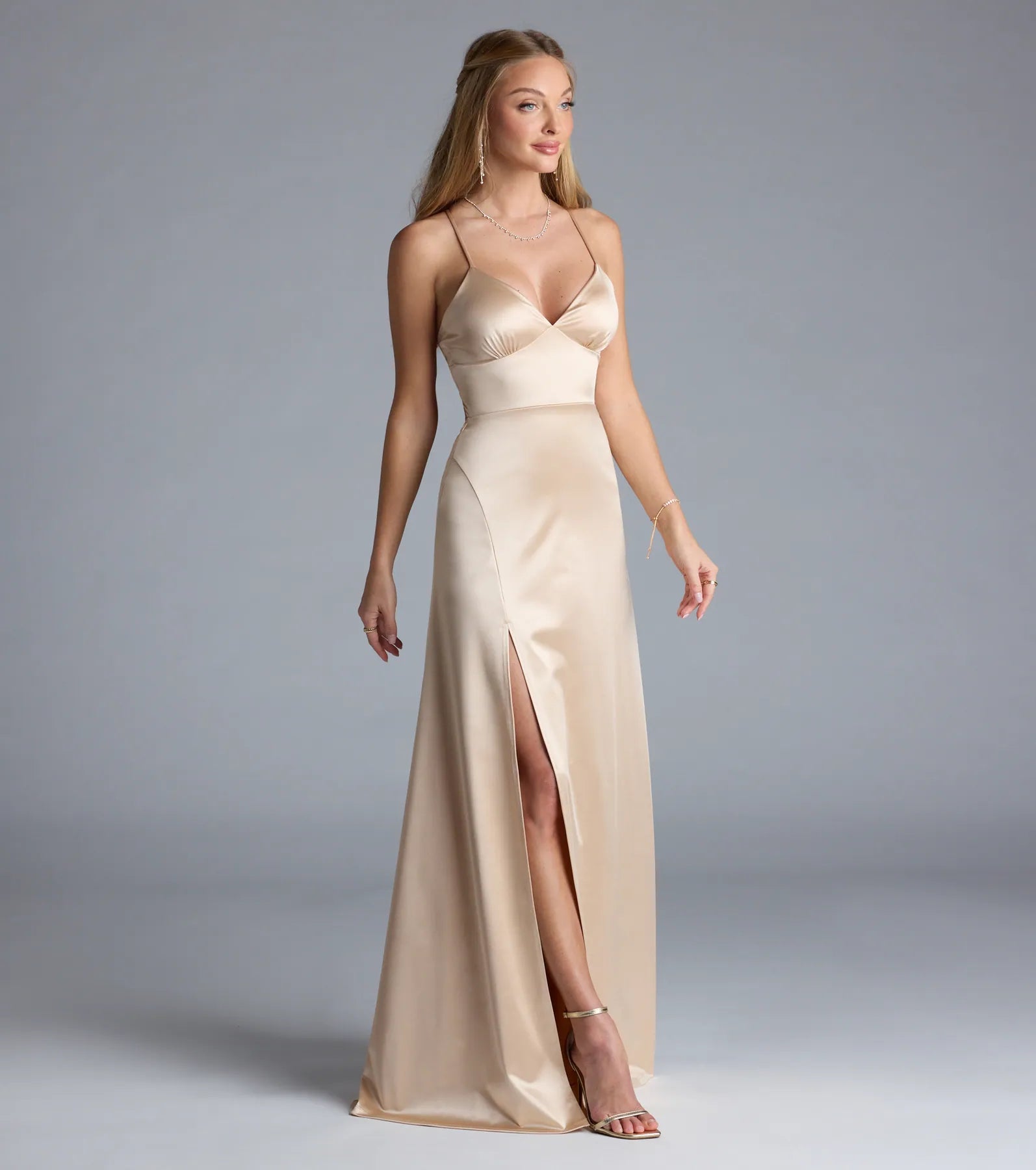Lynnea Lace-Up Slit A-Line Satin Formal Dress - Image 8