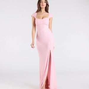 Greta Short Sleeve Lace-Up Slit Beaded Formal Dress