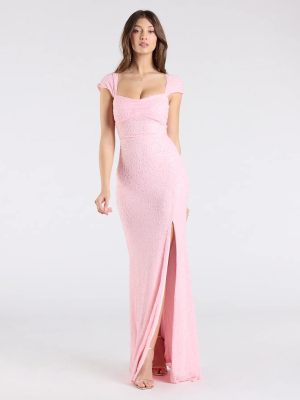 Greta Short Sleeve Lace-Up Slit Beaded Formal Dress