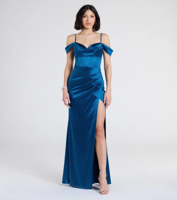 Trista Cold Shoulder Slit Satin Formal Dress - Image 5