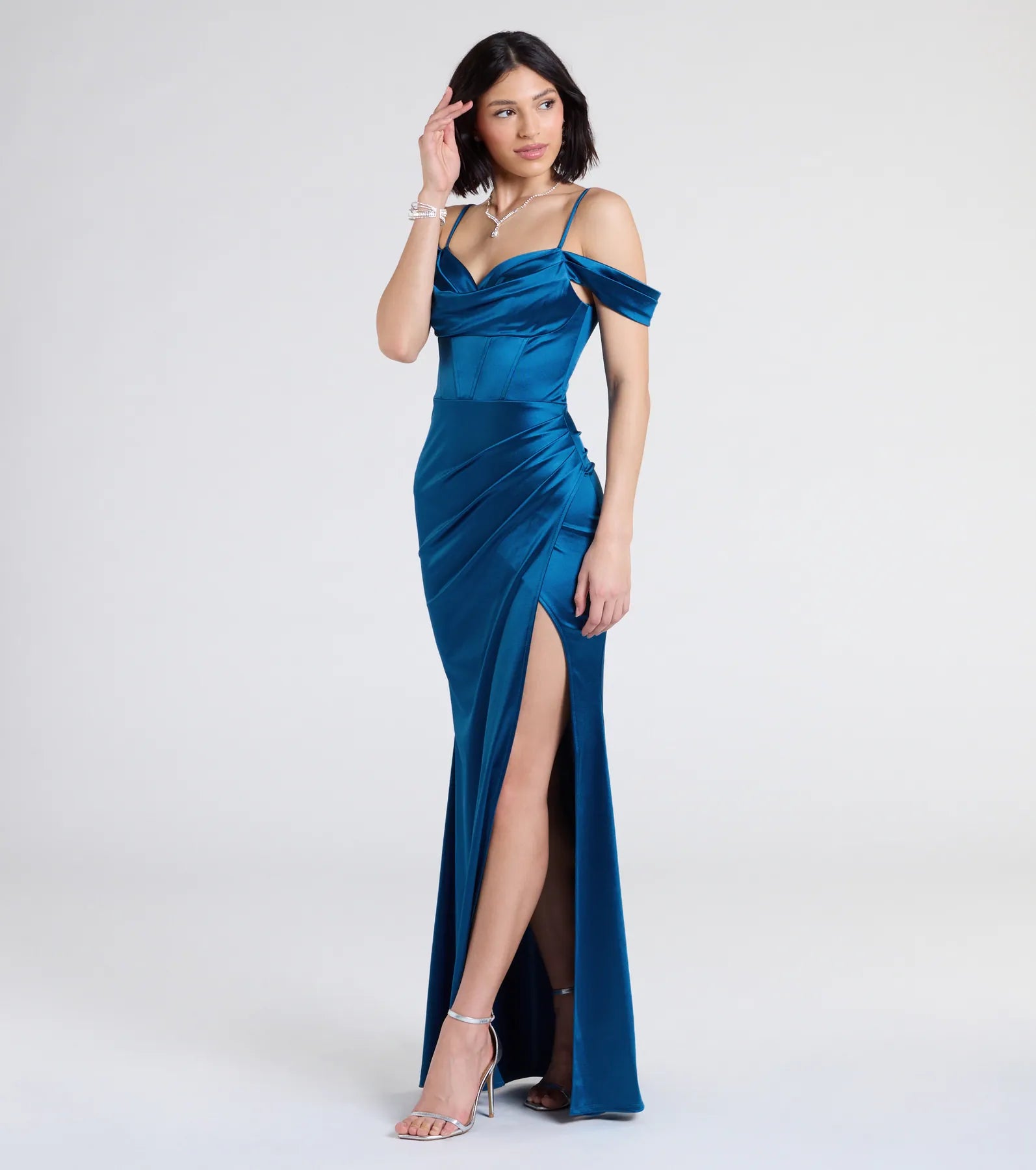 Trista Cold Shoulder Slit Satin Formal Dress - Image 8