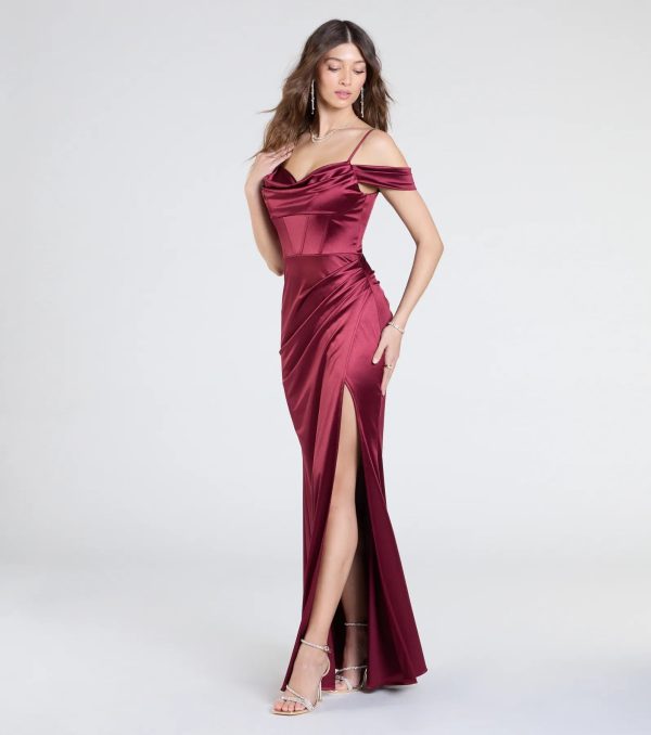 Trista Cold Shoulder Slit Satin Formal Dress - Image 4
