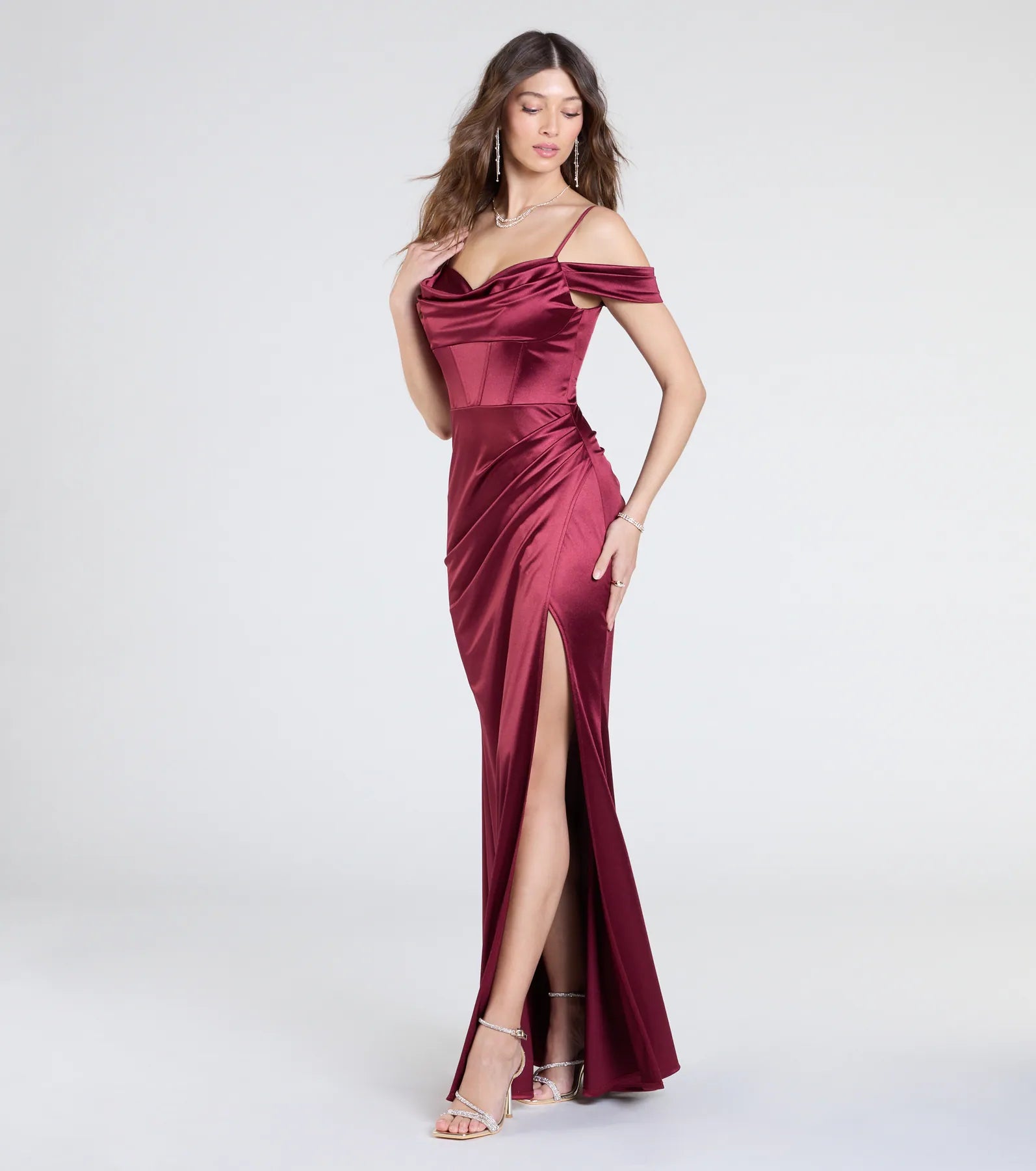 Trista Cold Shoulder Slit Satin Formal Dress - Image 4
