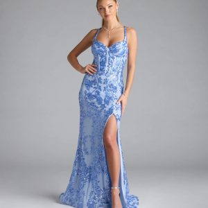 Jaide Lace-Up Corset Slit Sequin Formal Dress