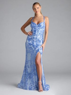 Jaide Lace-Up Corset Slit Sequin Formal Dress