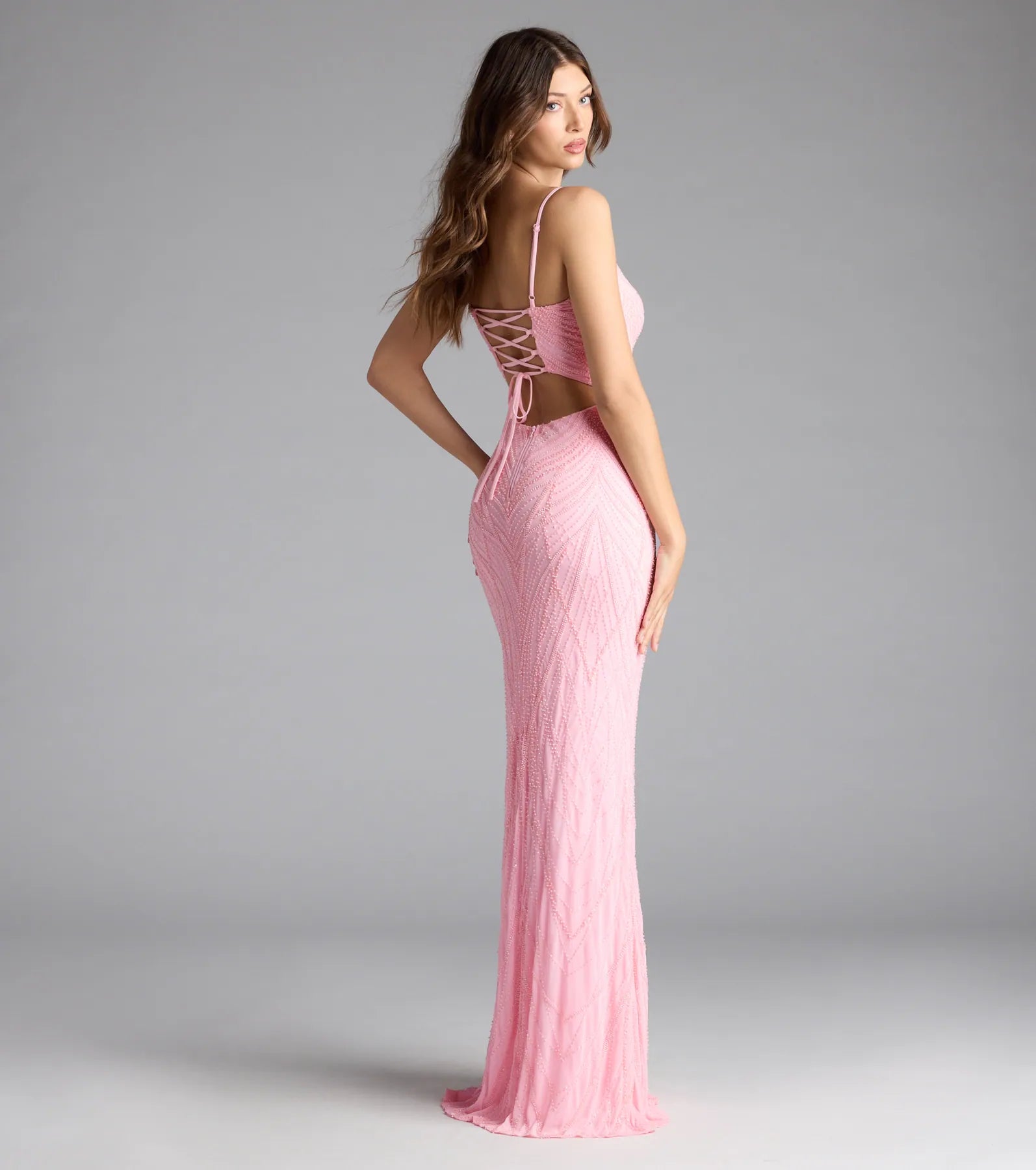 Betsey Lace-Up Mermaid Sequin Bead Formal Dress - Image 2