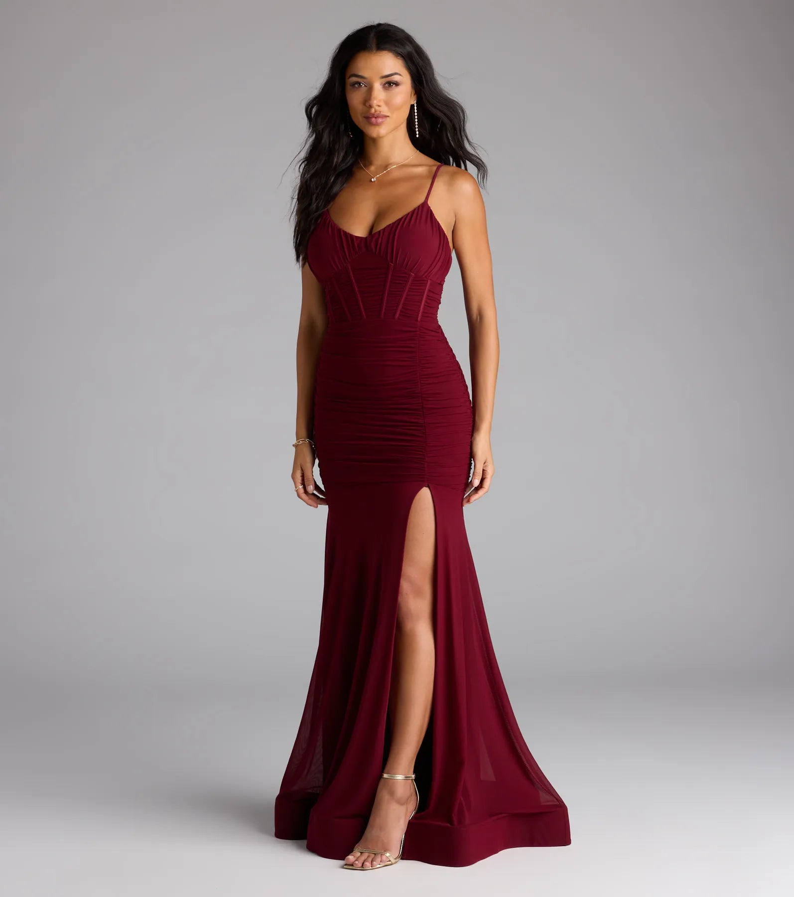 Cesca Corset Slit Mesh Formal Dress - Image 4