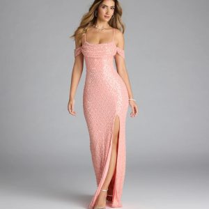 Sophina Cold Shoulder Pearl Beaded Sequin Formal Dress