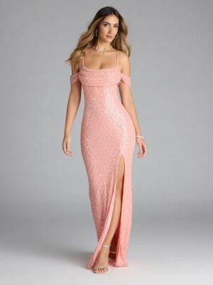 Sophina Cold Shoulder Pearl Beaded Sequin Formal Dress