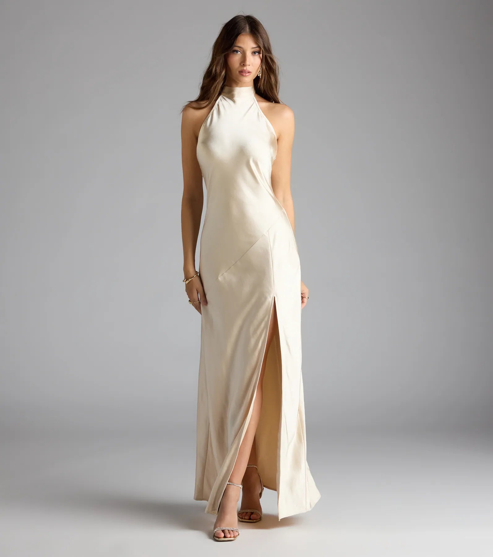 Andie Halter Open Back Slit Satin Formal Dress - Image 11