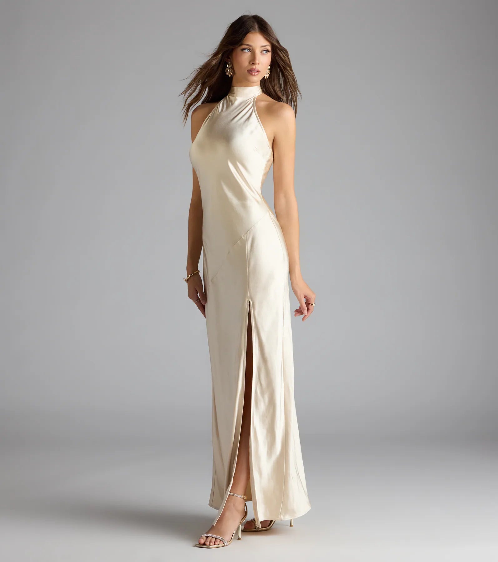 Andie Halter Open Back Slit Satin Formal Dress - Image 14