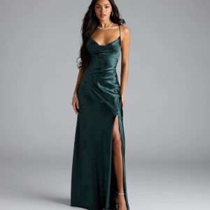 Gigi Cowl Neck Button Slit Satin Formal Dress
