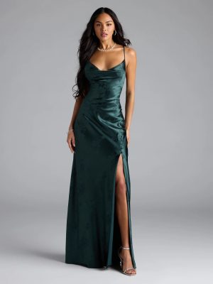 Gigi Cowl Neck Button Slit Satin Formal Dress