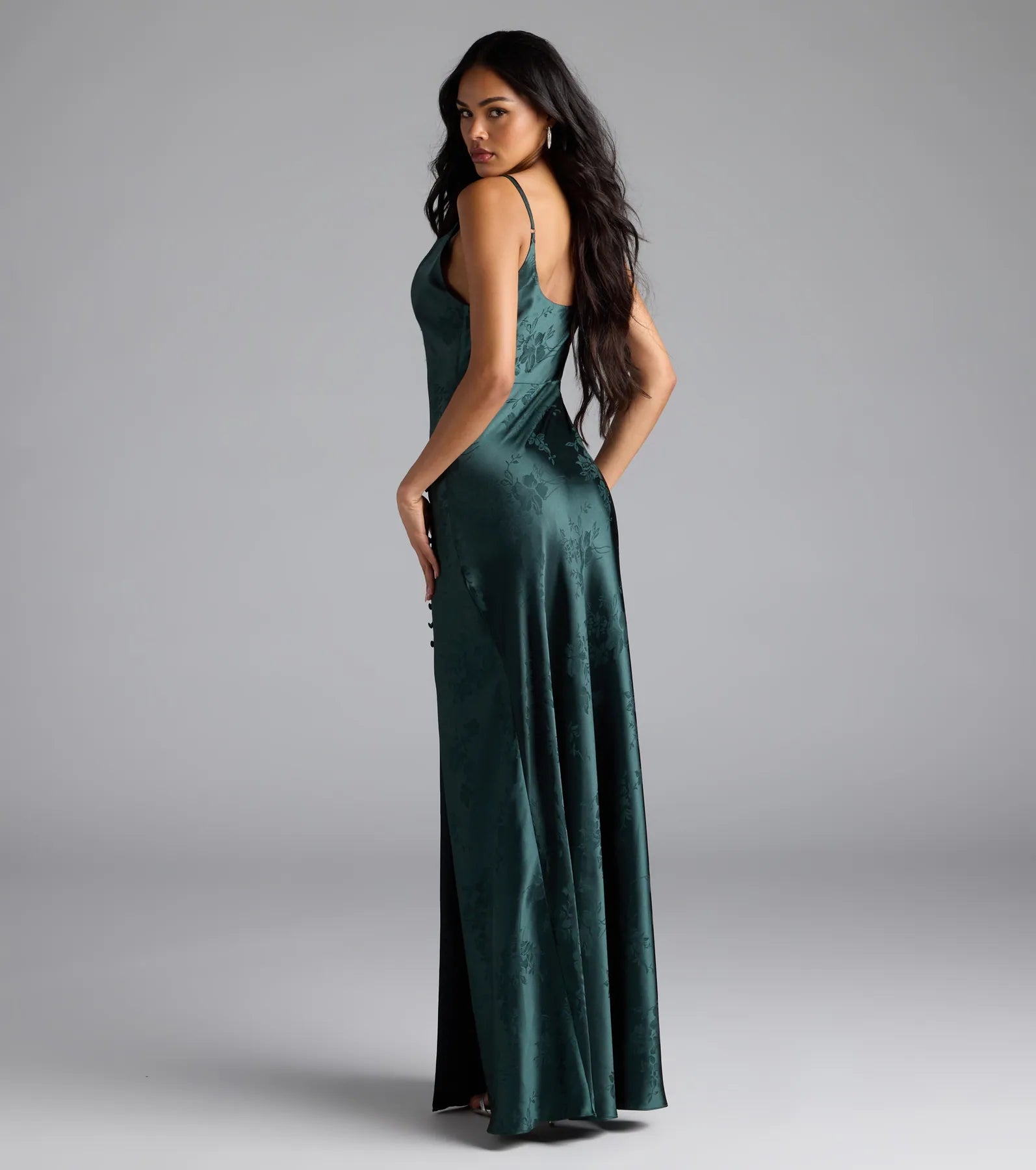 Gigi Cowl Neck Button Slit Satin Formal Dress - Image 2