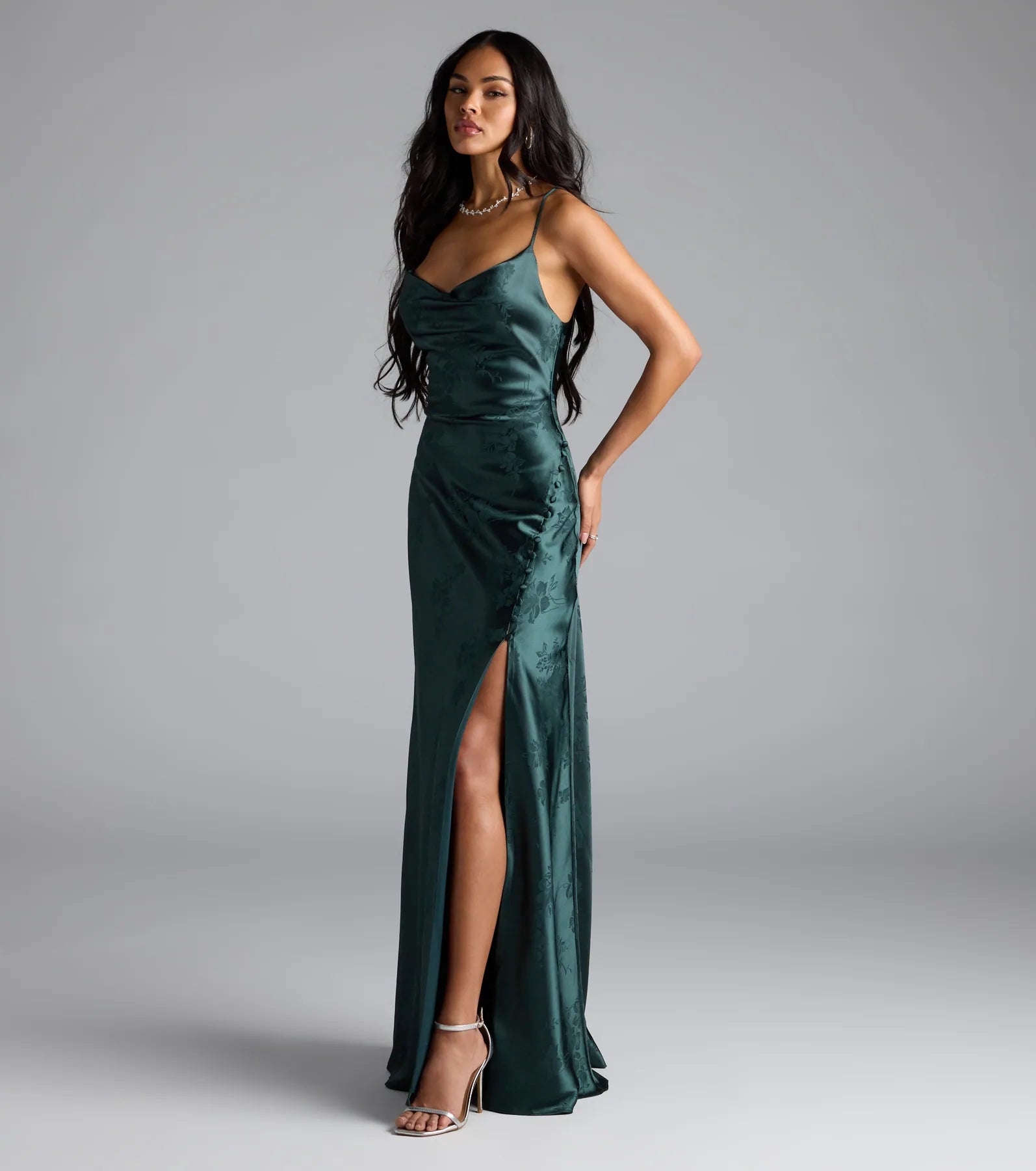 Gigi Cowl Neck Button Slit Satin Formal Dress - Image 4
