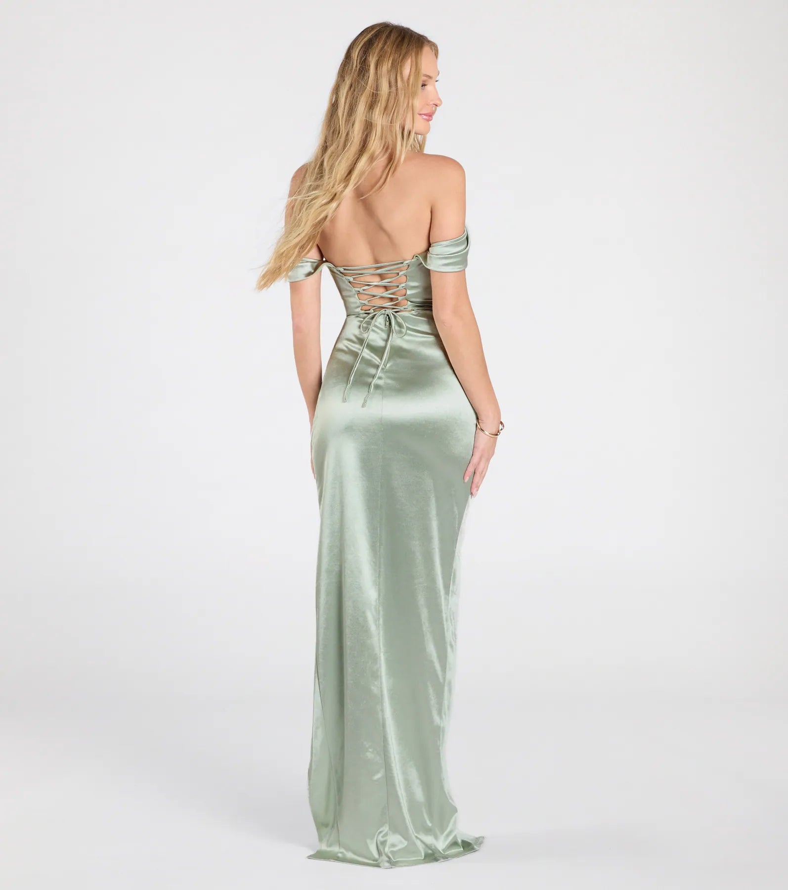 Phoebe Off-The-Shoulder Lace-Up Satin Formal Dress - Image 2