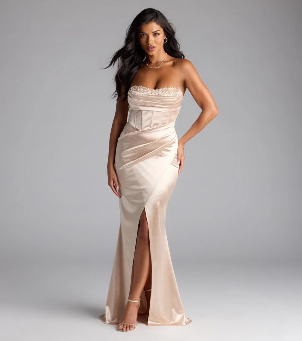 Loren Pearl Corset Slit Satin Formal Dress - Image 5