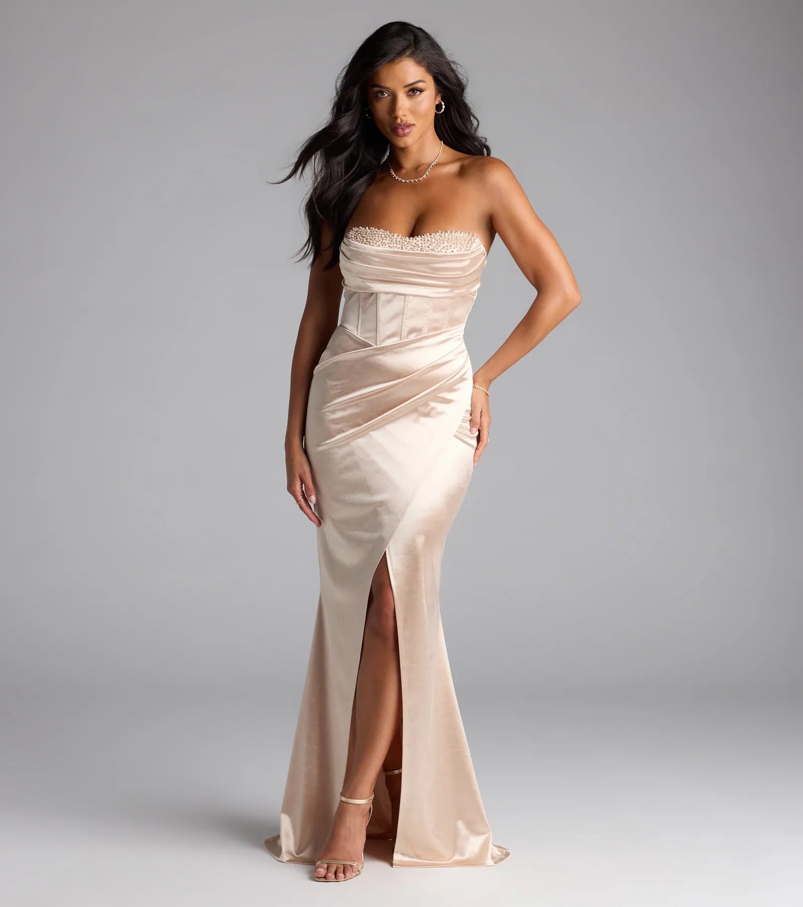 Loren Pearl Corset Slit Satin Formal Dress - Image 5