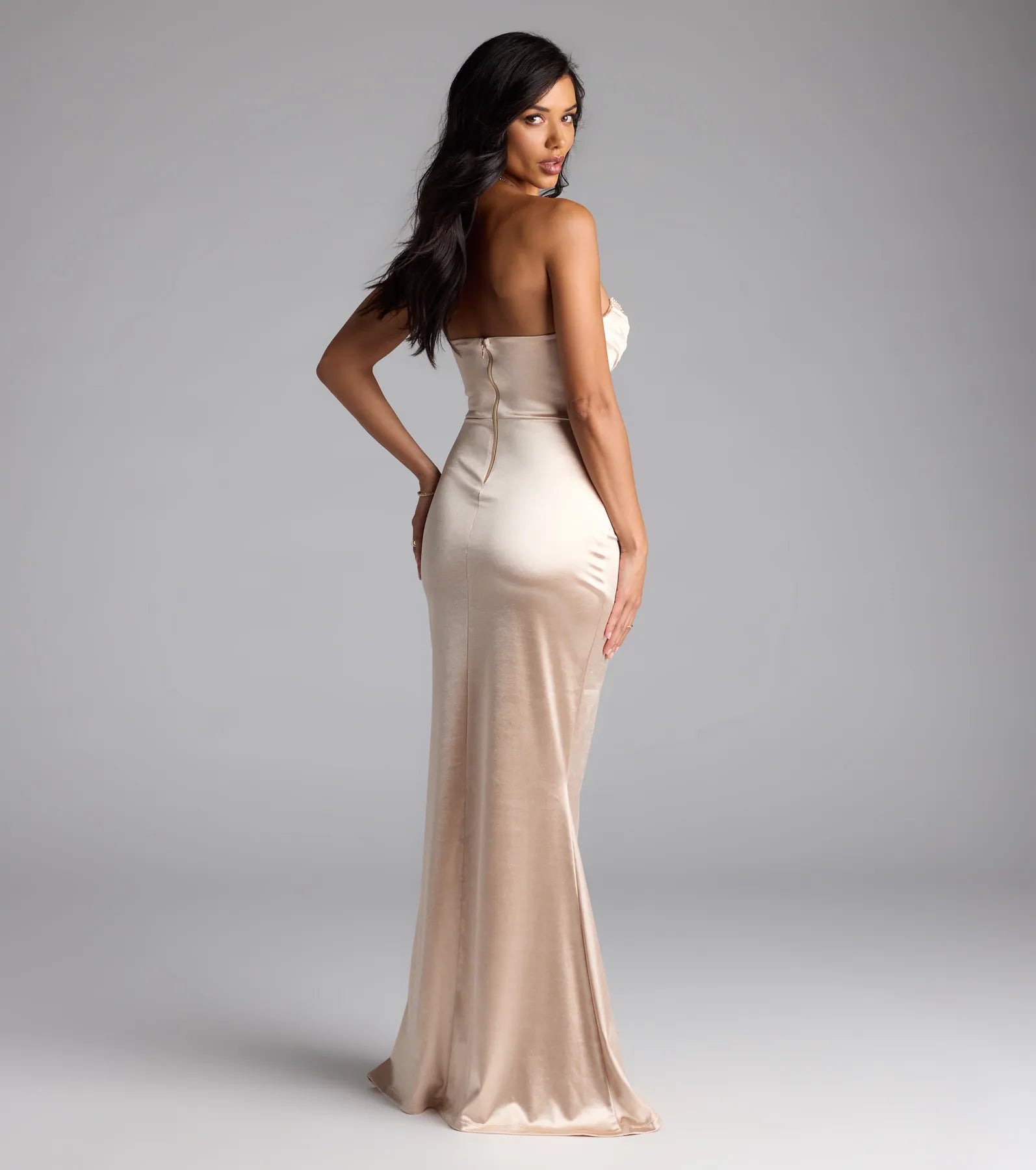 Loren Pearl Corset Slit Satin Formal Dress - Image 6