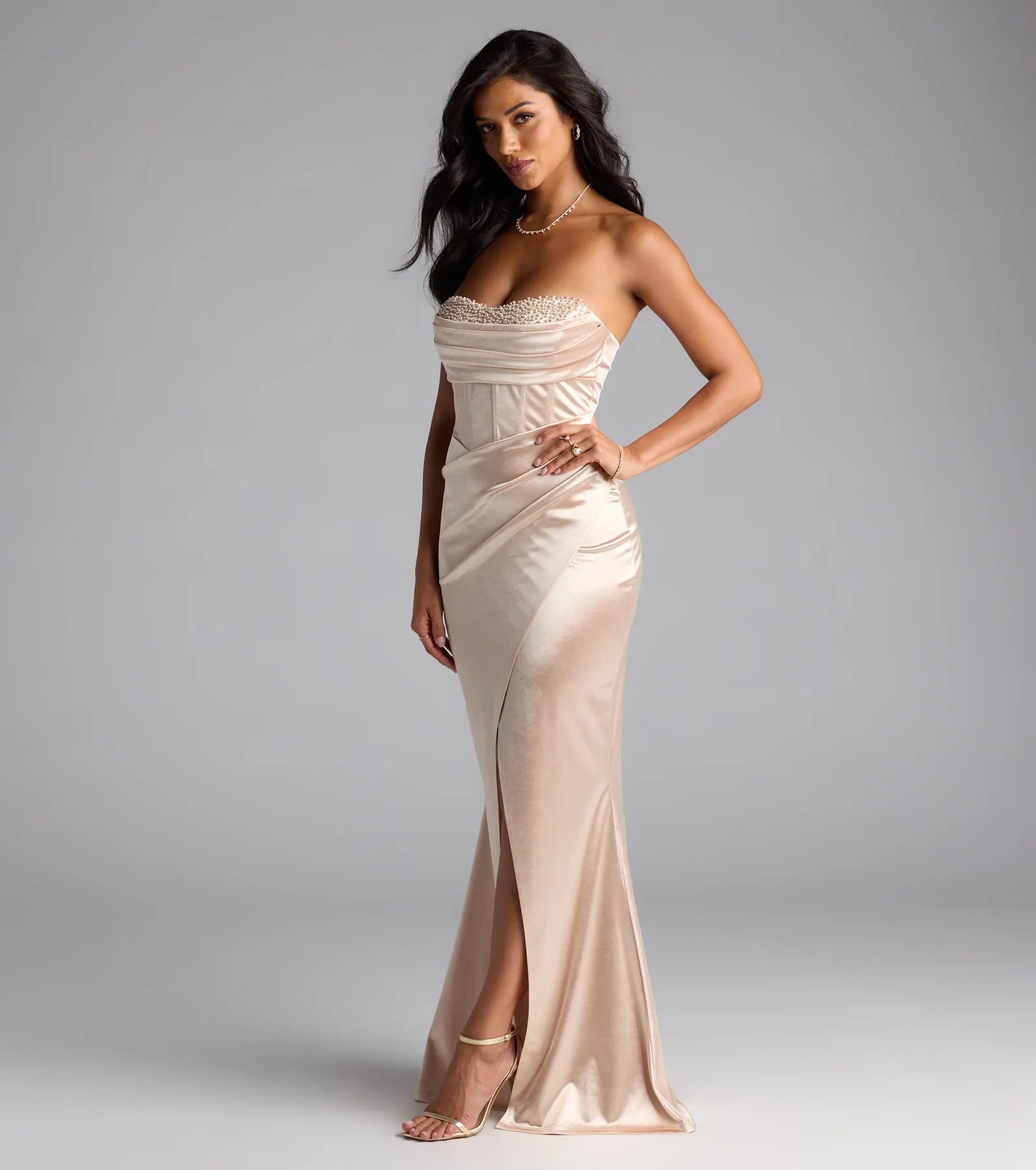 Loren Pearl Corset Slit Satin Formal Dress - Image 8