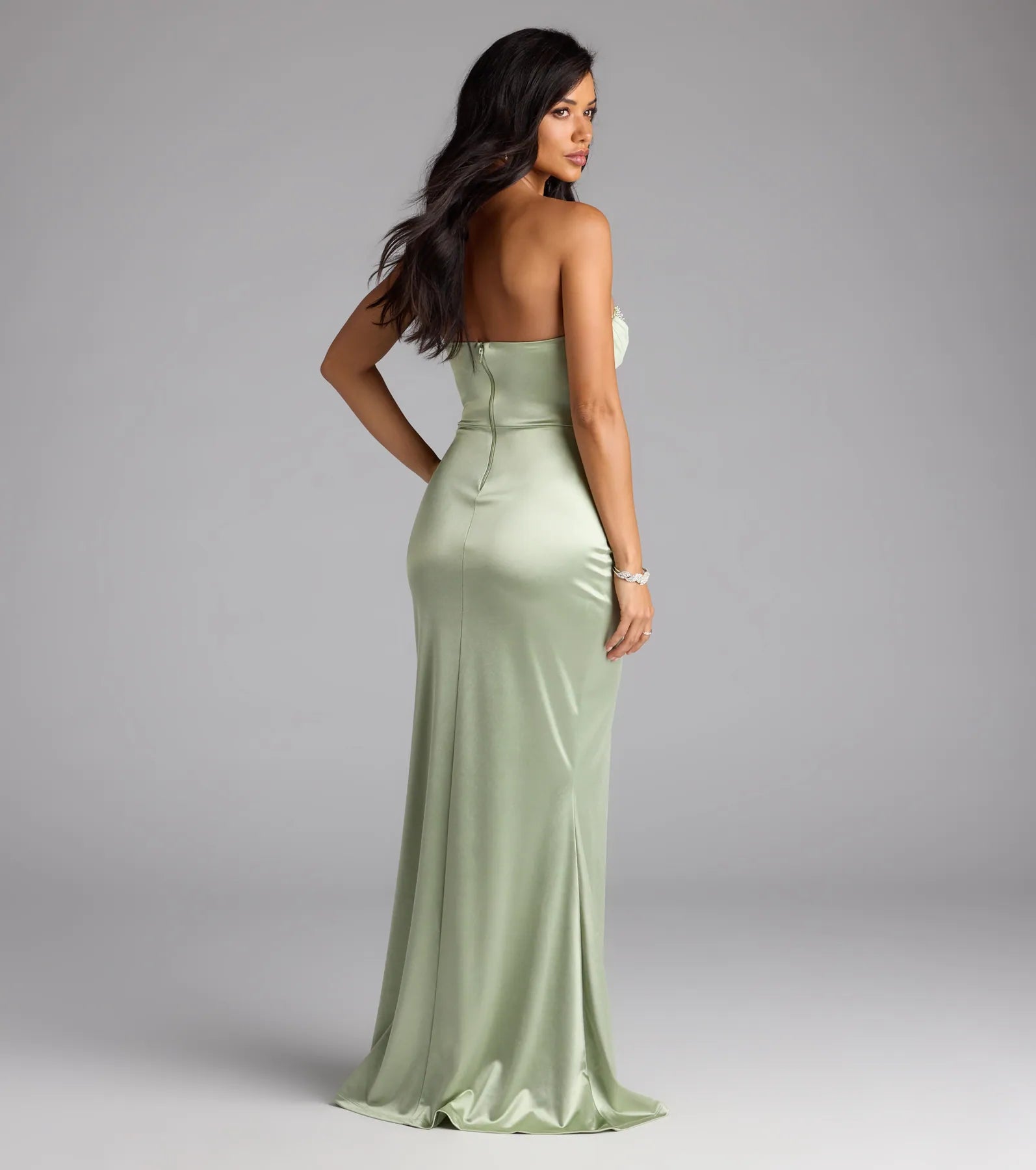 Loren Pearl Corset Slit Satin Formal Dress - Image 2