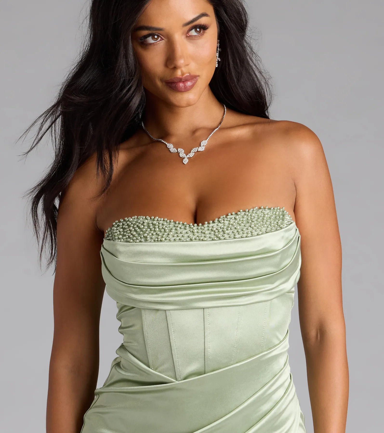 Loren Pearl Corset Slit Satin Formal Dress - Image 3