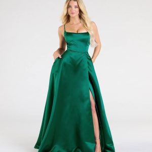 Brittany Lace-Up Slit A-Line Satin Formal Dress