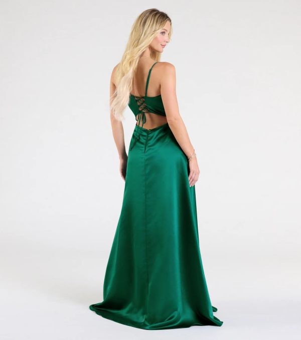 Brittany Lace-Up Slit A-Line Satin Formal Dress - Image 2