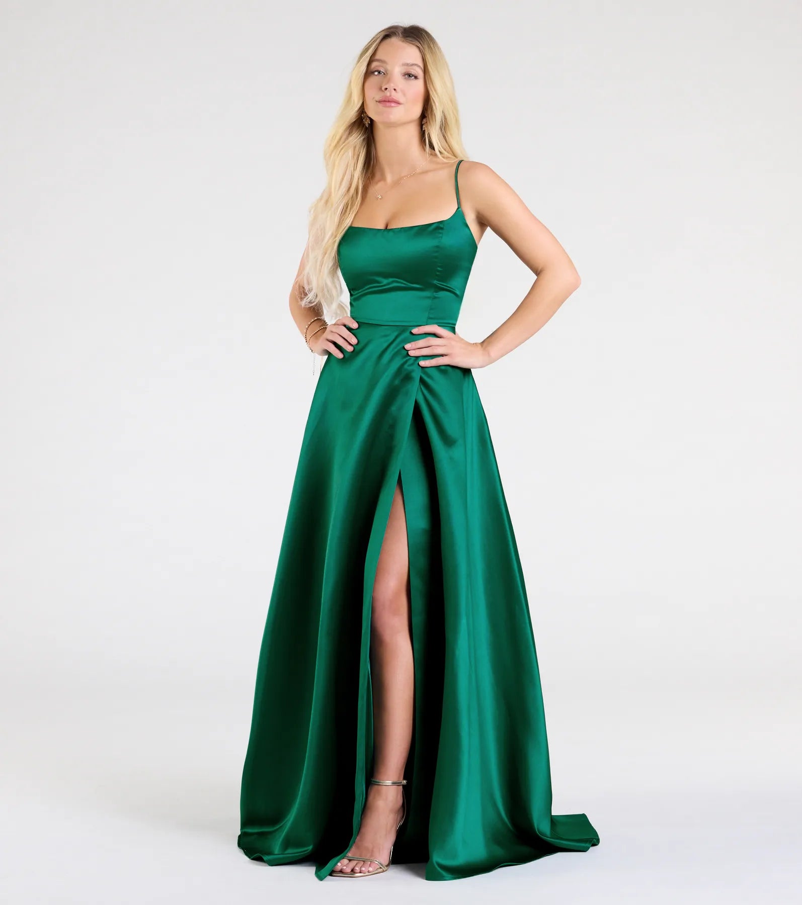 Brittany Lace-Up Slit A-Line Satin Formal Dress - Image 4