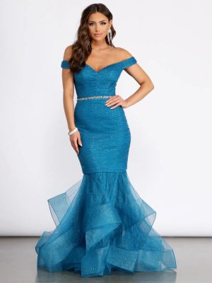 Angelica Off Shoulder Rhinestone Trim Mermaid Dress