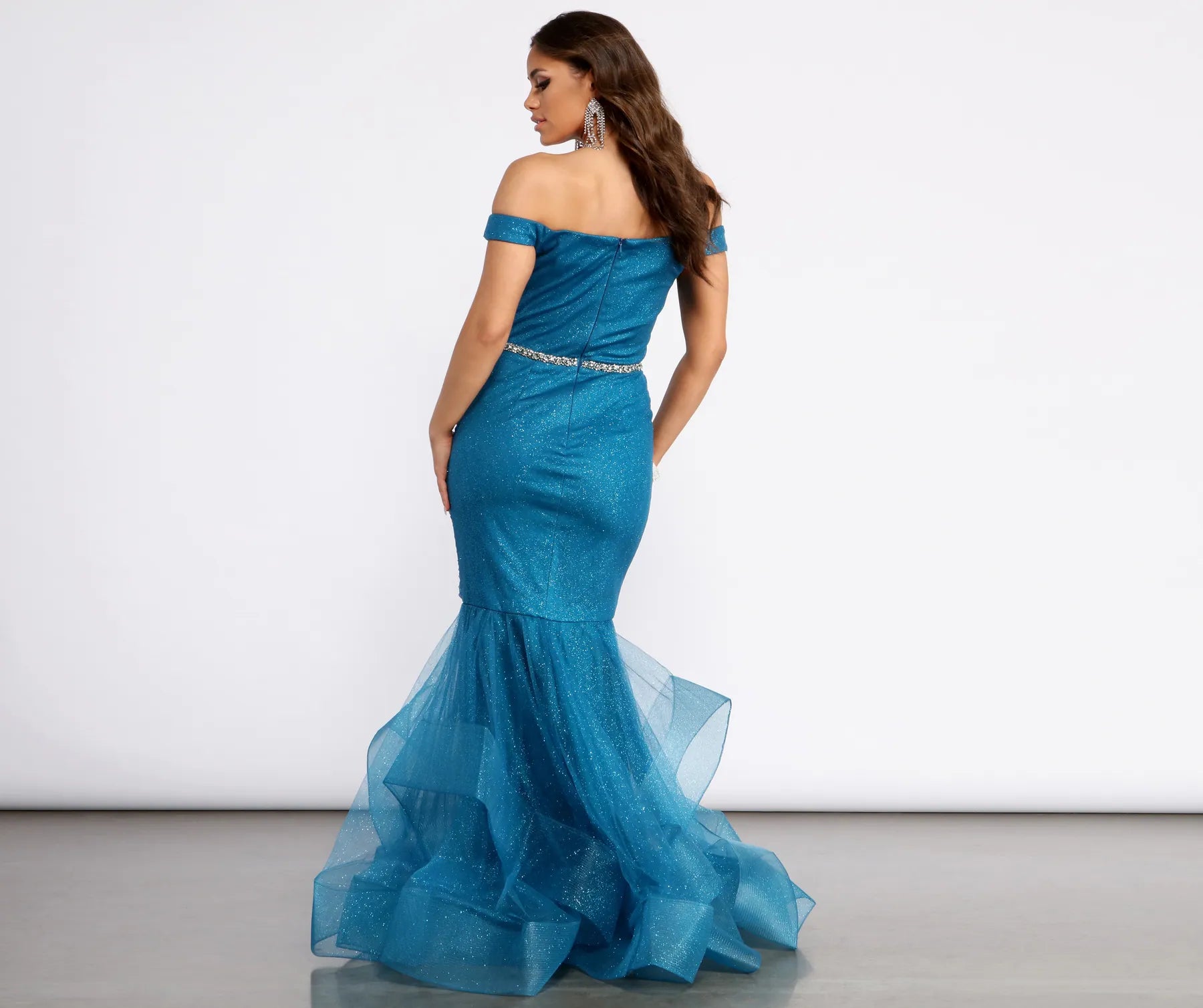 Angelica Off Shoulder Rhinestone Trim Mermaid Dress - Image 2