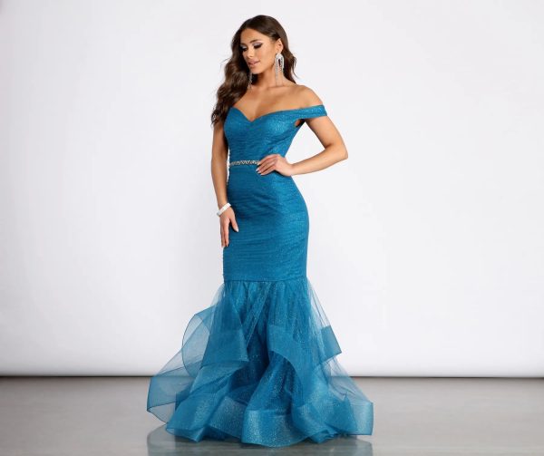 Angelica Off Shoulder Rhinestone Trim Mermaid Dress - Image 4