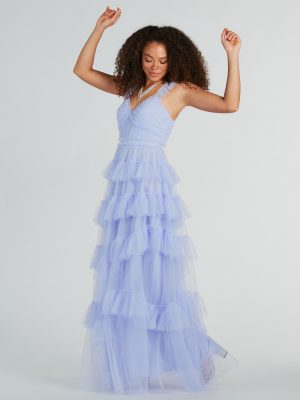 Elissa Sleeveless A-Line Ruffle Pleated Tulle Gown
