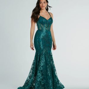Amal Bustier Lace-Up Mermaid Glitter Sequin Gown