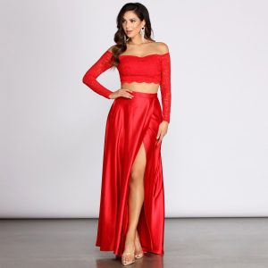 Marjorie Glitter Lace Two Piece Satin Dress