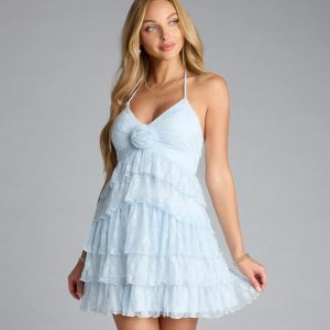 Fairytale Energy Rosette Lace Babydoll Mini Dress