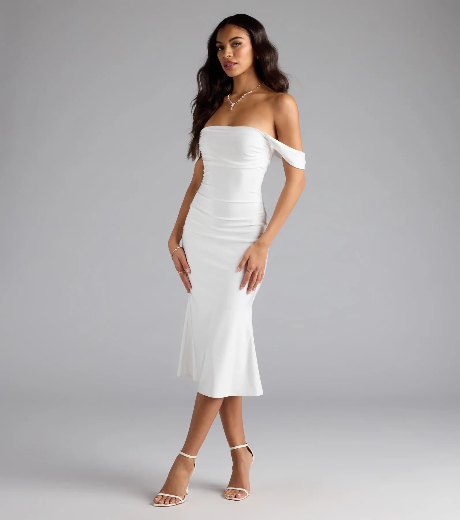 Exceptional Off-The-Shoulder Flared Midi Dress - Image 24