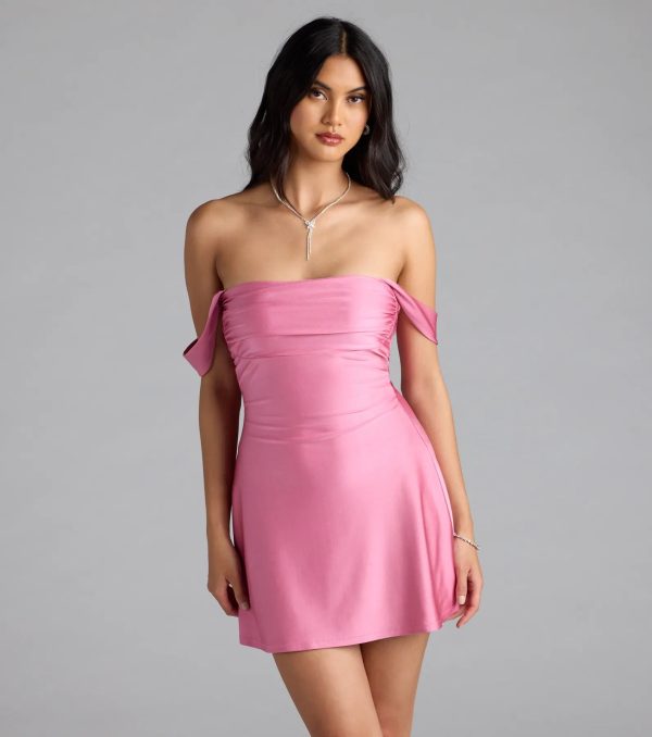 Classics Lover Off-The-Shoulder Satin A-Line Mini Dress - Image 17