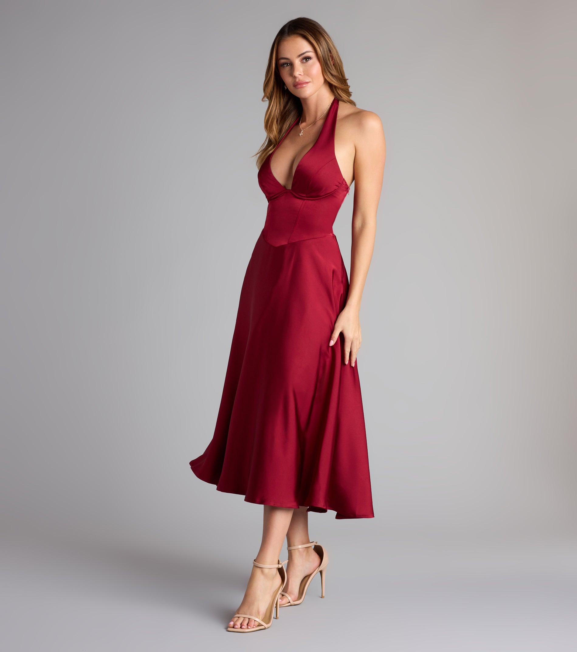 Love At First Twirl Halter Corset Satin Midi Dress - Image 5