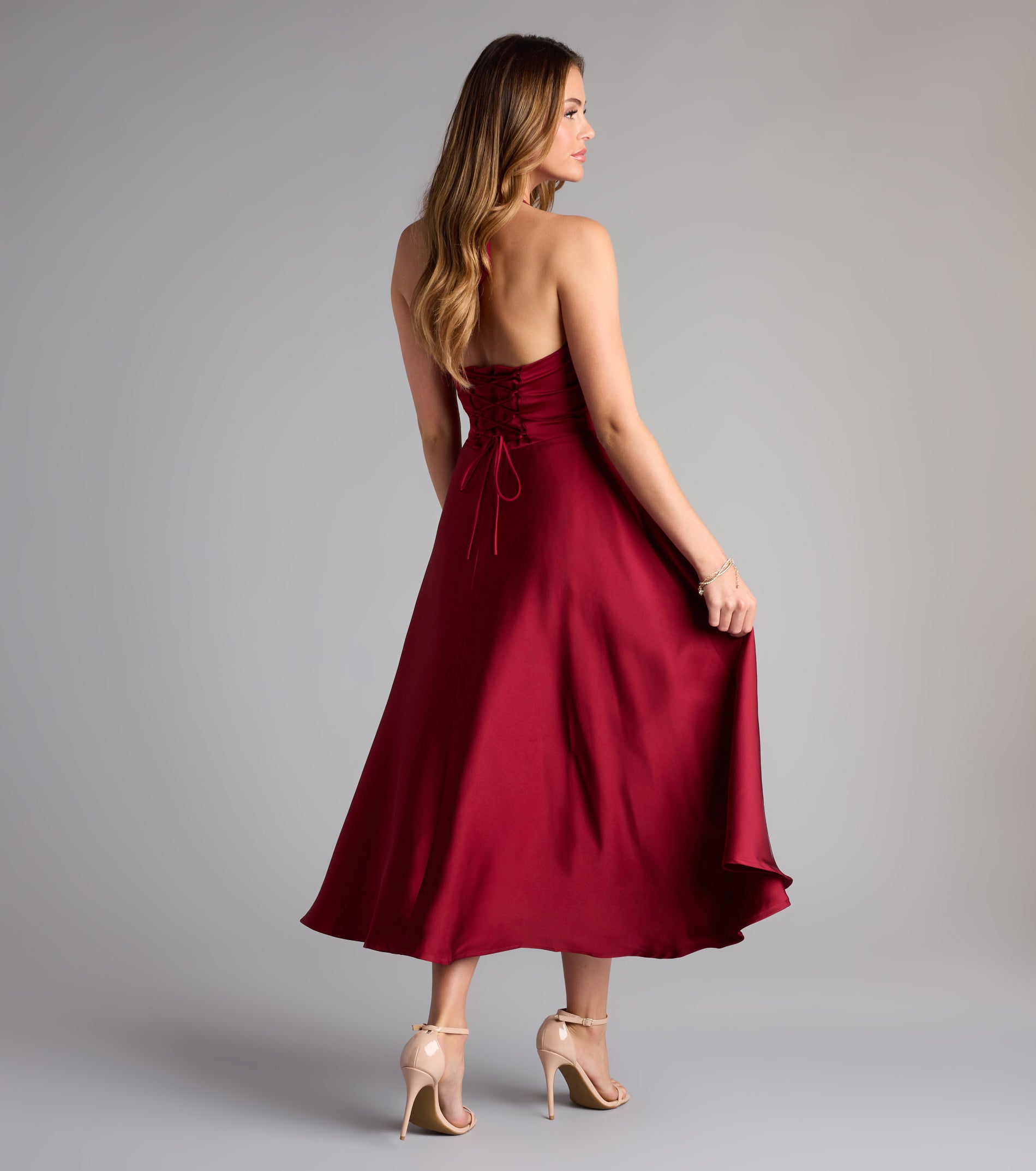 Love At First Twirl Halter Corset Satin Midi Dress - Image 6