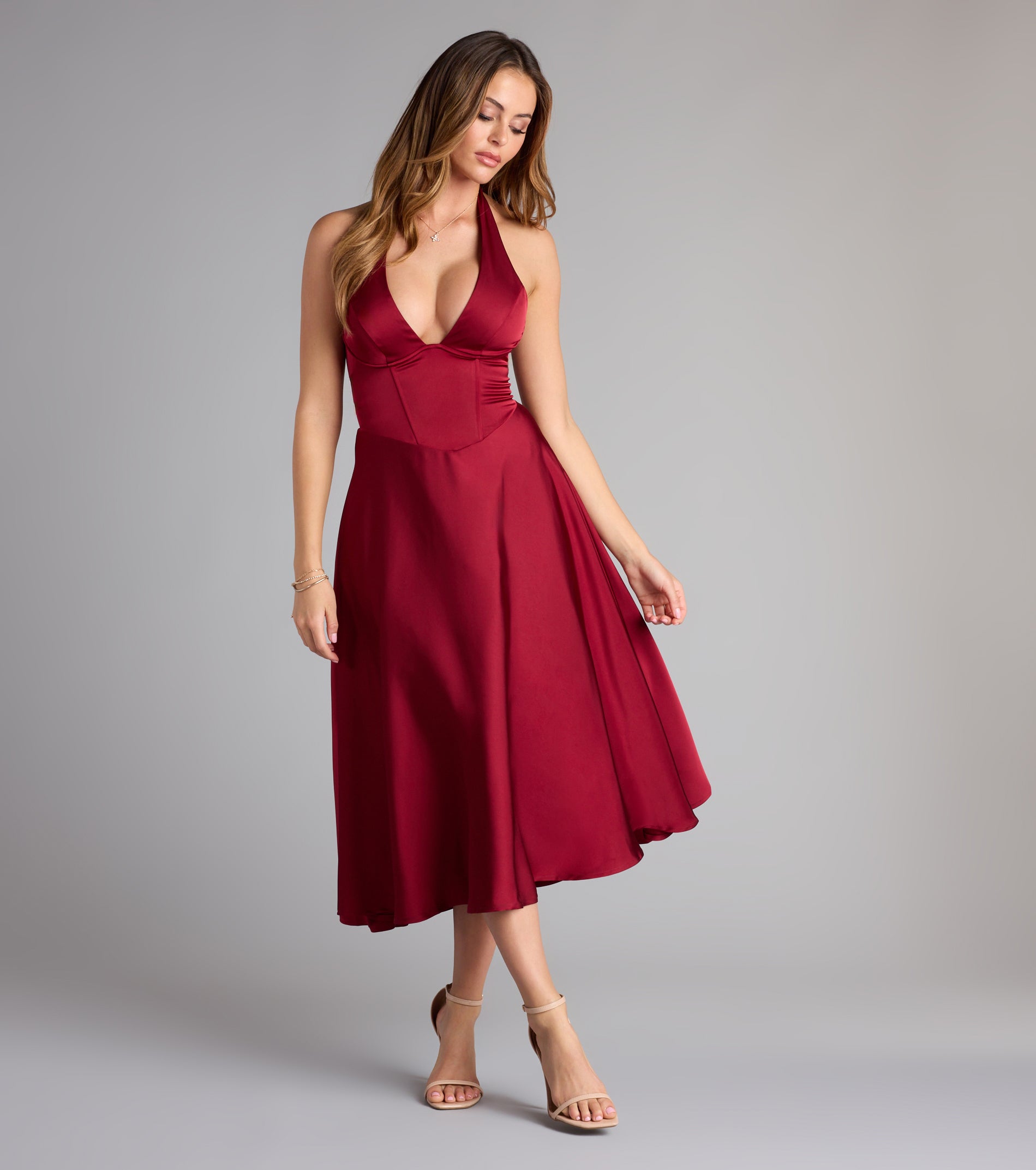 Love At First Twirl Halter Corset Satin Midi Dress - Image 8