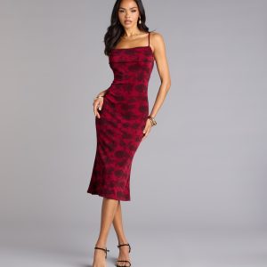 Scarlet Soirée Jacquard Midi Dress