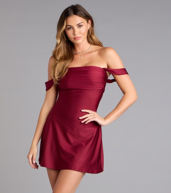 Classics Lover Off-The-Shoulder Satin A-Line Mini Dress - Image 25