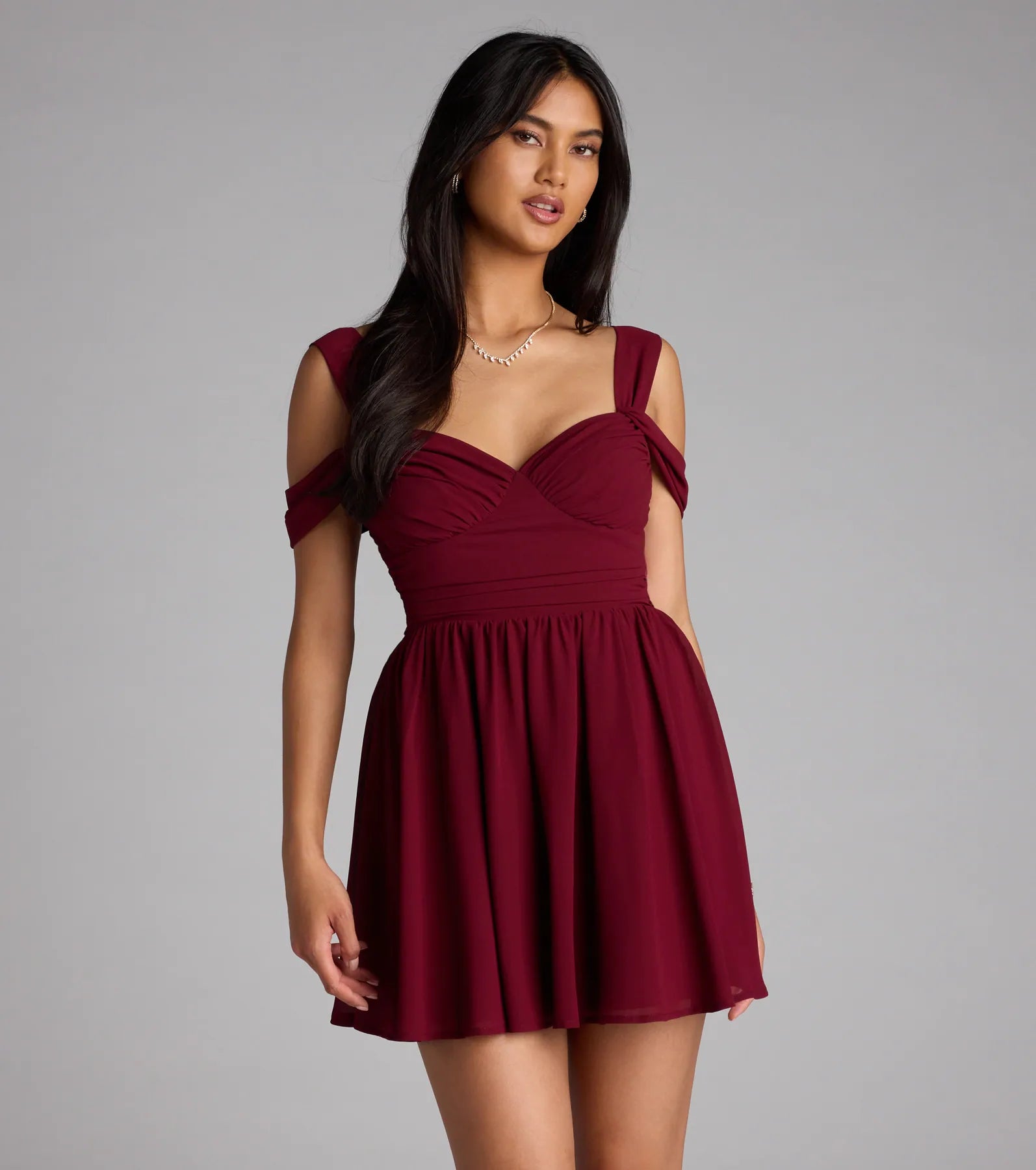 Flowy Chic Chiffon Cold-Shoulder Skater Dress - Image 5