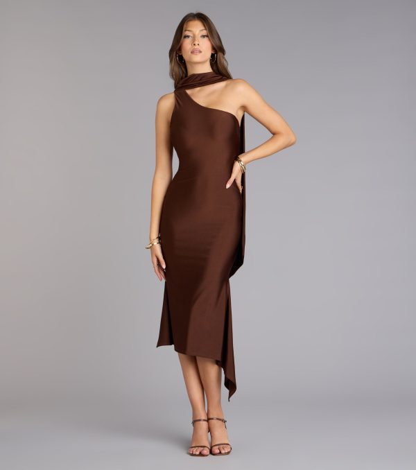 Street Strut Satin Midi Dress With Scarf - Image 5
