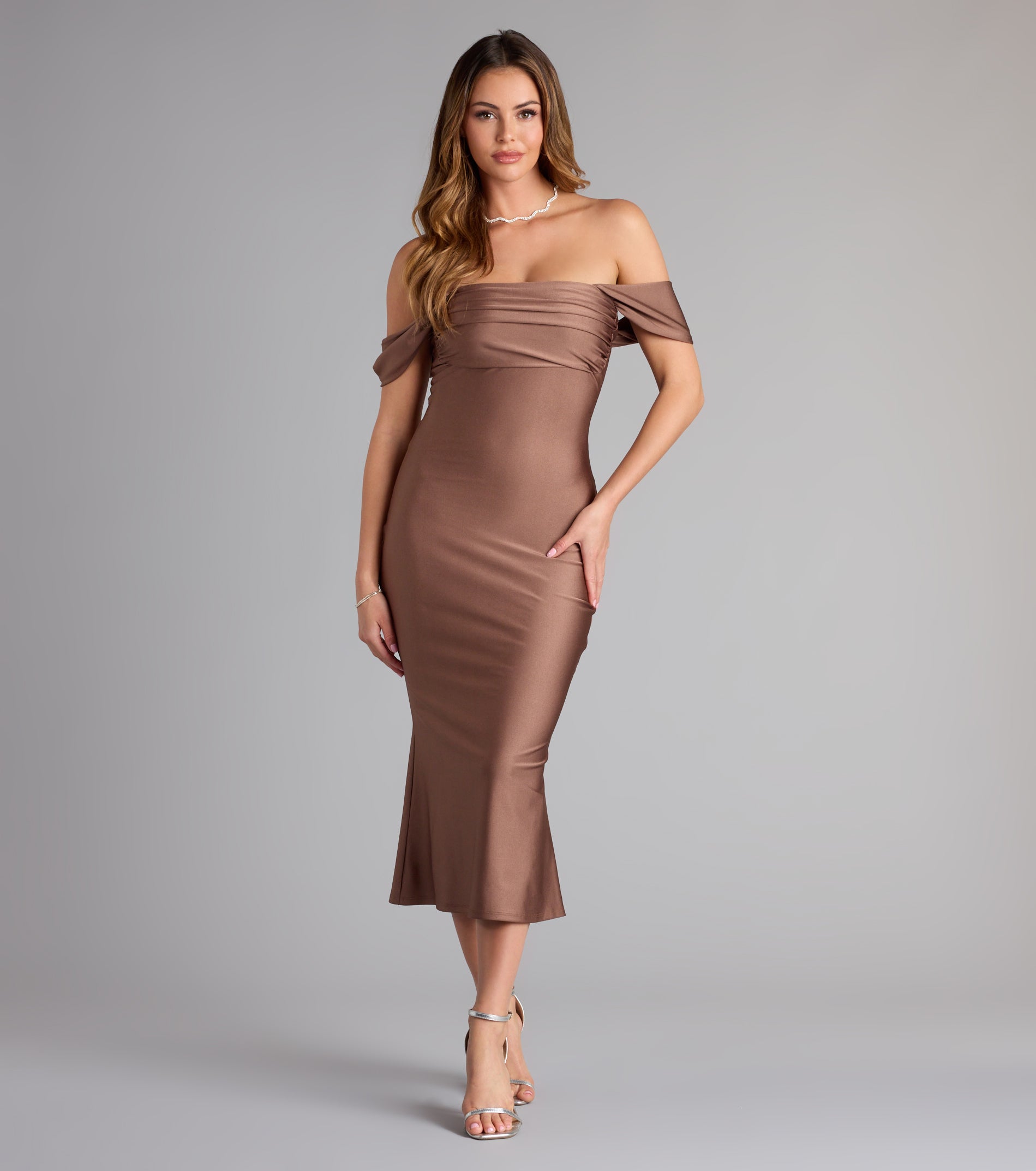 Exceptional Off-The-Shoulder Flared Midi Dress - Image 25