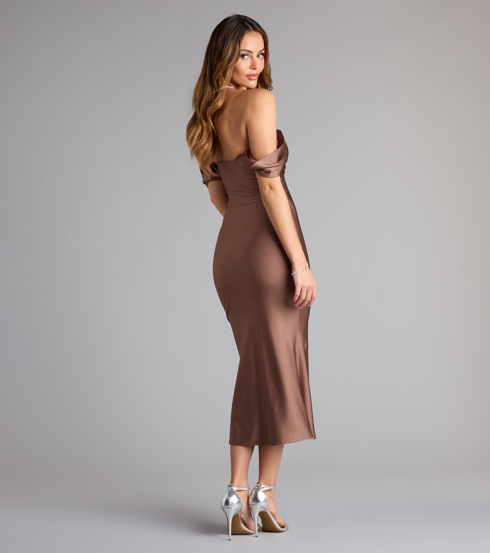 Exceptional Off-The-Shoulder Flared Midi Dress - Image 26