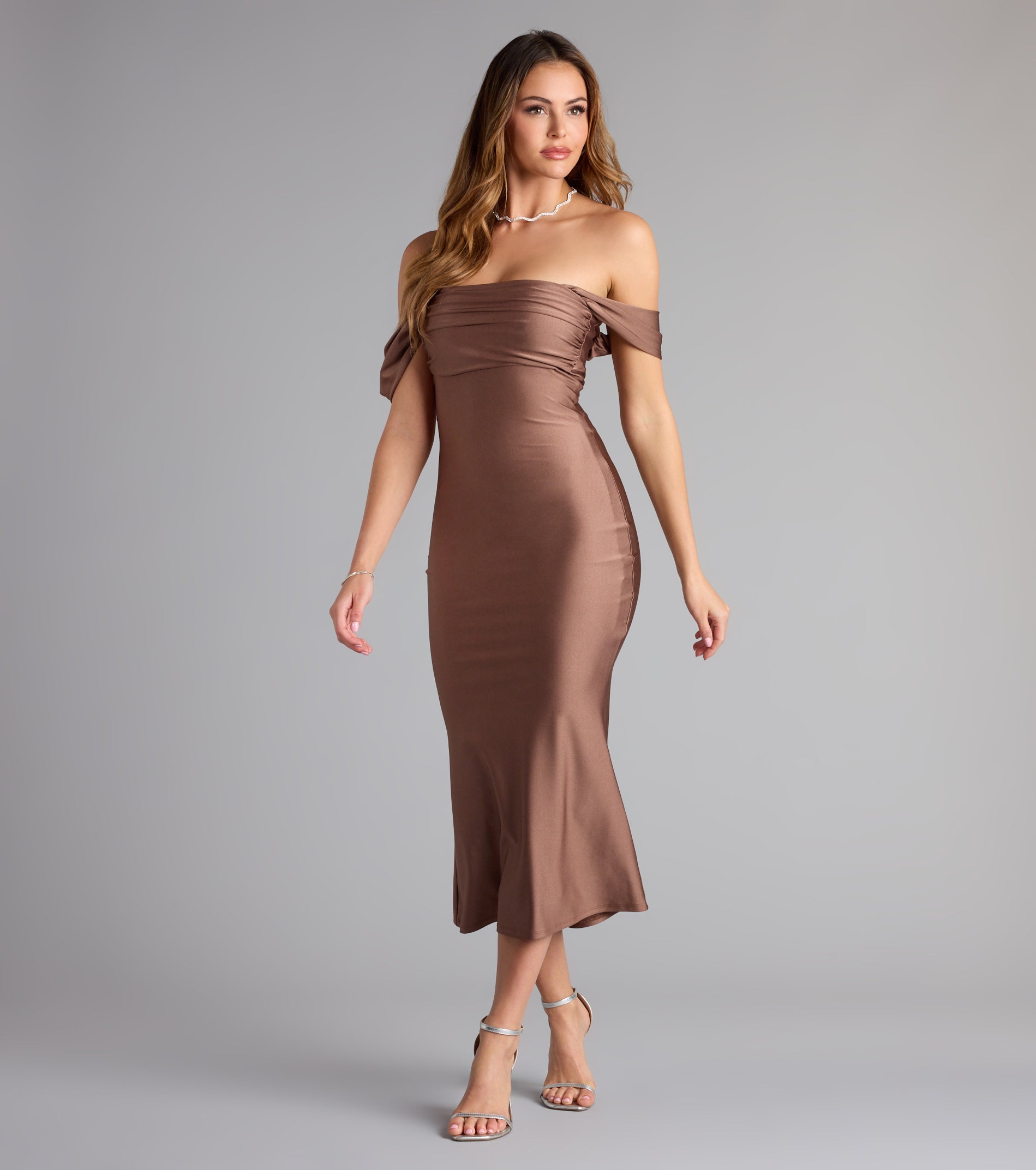 Exceptional Off-The-Shoulder Flared Midi Dress - Image 28